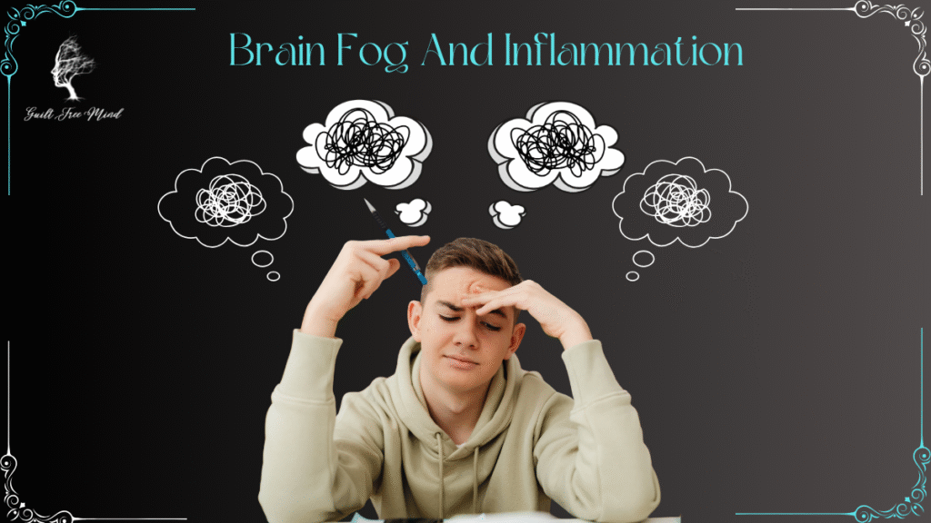Brain Fog Inflammation: Why It Happens + Gentle Steps Featured image showing brain fog and inflammation. A person is sitting with a pencil hand while his thoughts indicted in thought bubbles are completely jumbled and garbled.