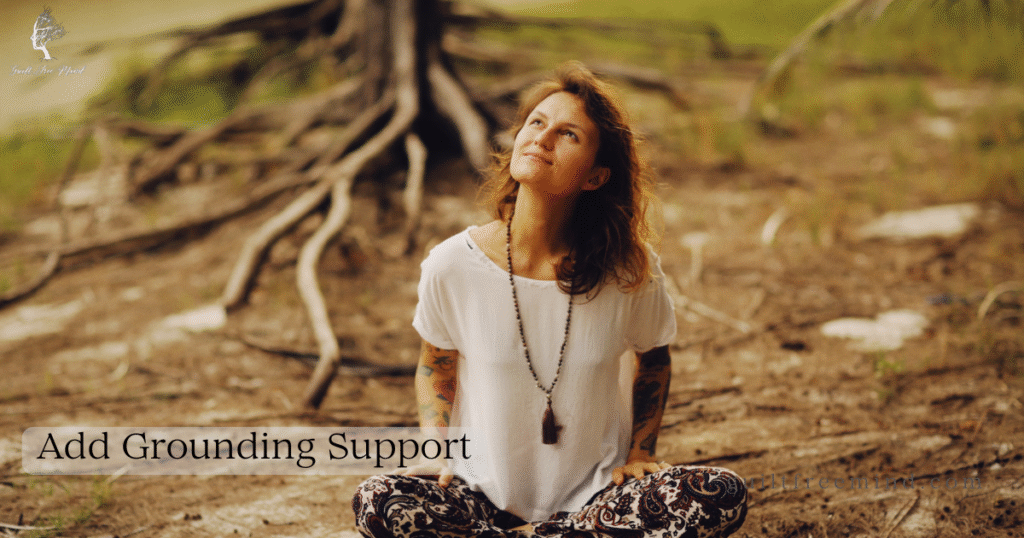 A woman sits peacefully on the ground in a meditative pose with eyes closed and a calm expression, overlay text reads “Add Grounding Support” – showing a grounding technique to manage summer body anxiety and negative self-talk.