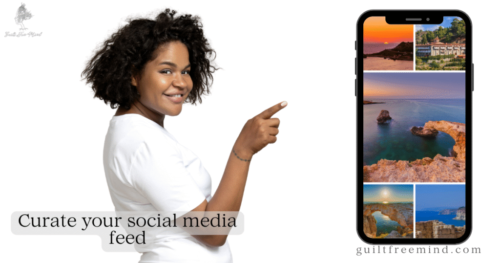A smiling woman with curly hair points toward a smartphone screen displaying peaceful beach and ocean photos, overlay text reads “Curate your social media feed” – illustrating the importance of curating feeds to reduce swimsuit season self-talk anxiety.