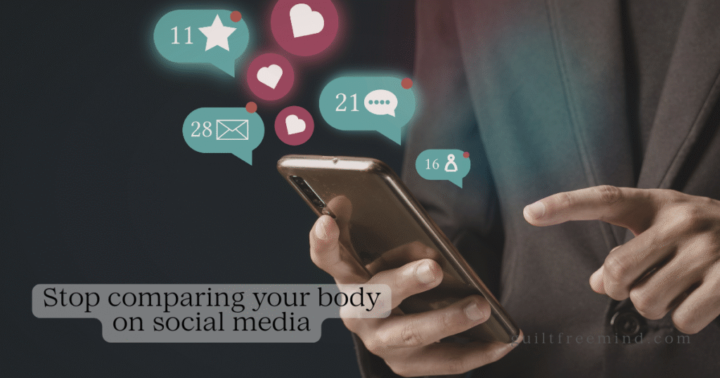 How to stop comparing your body on social media – guilt-free guide with phone and sketchbook for summer body comparison relief